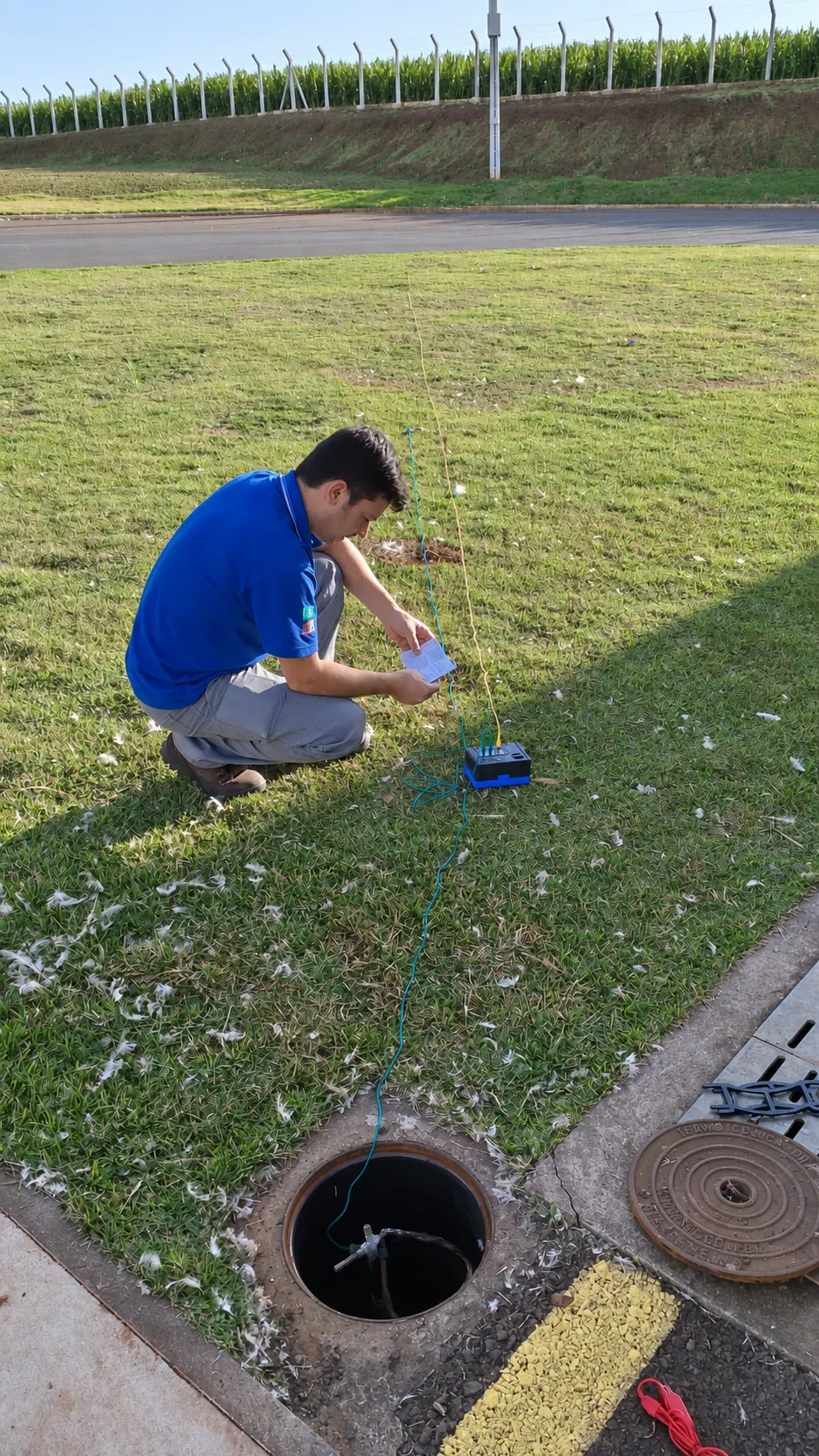 Técnico realizando medição de aterramento em área externa, com instrumento e cabos de ensaio.