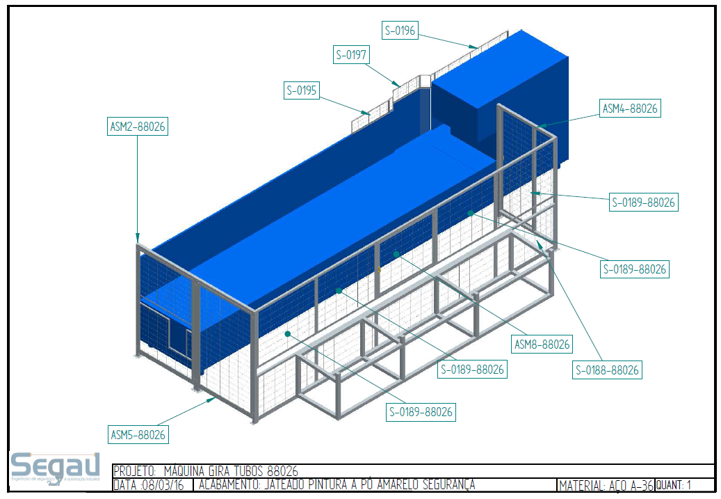 Modelo tridimensional de cercamento de proteção ao redor de uma máquina industrial.