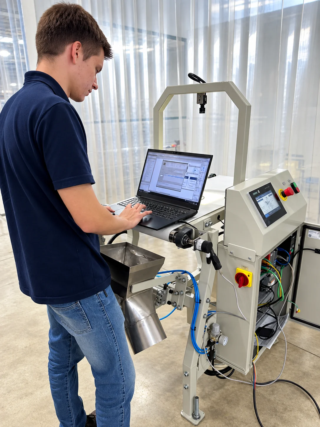 Programação com notebook junto ao painel de uma máquina industrial